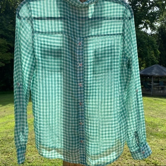 American Rag chiffon style lightweight button front - and back gingham blouse - Picture 4 of 6